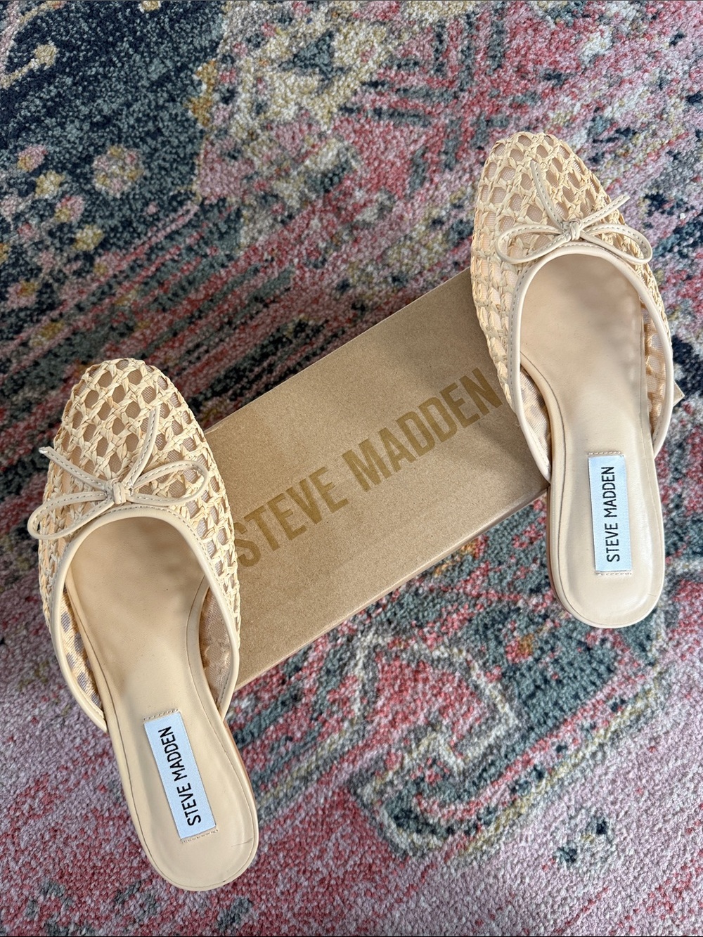 Steve Madden Beige Woven Bow Backless Mules